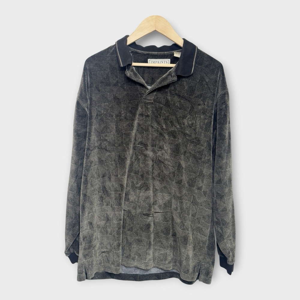 VTG Imprints Gray Velour Polo Shirt Large 90s Collared Long Sleeve Indie Lounge